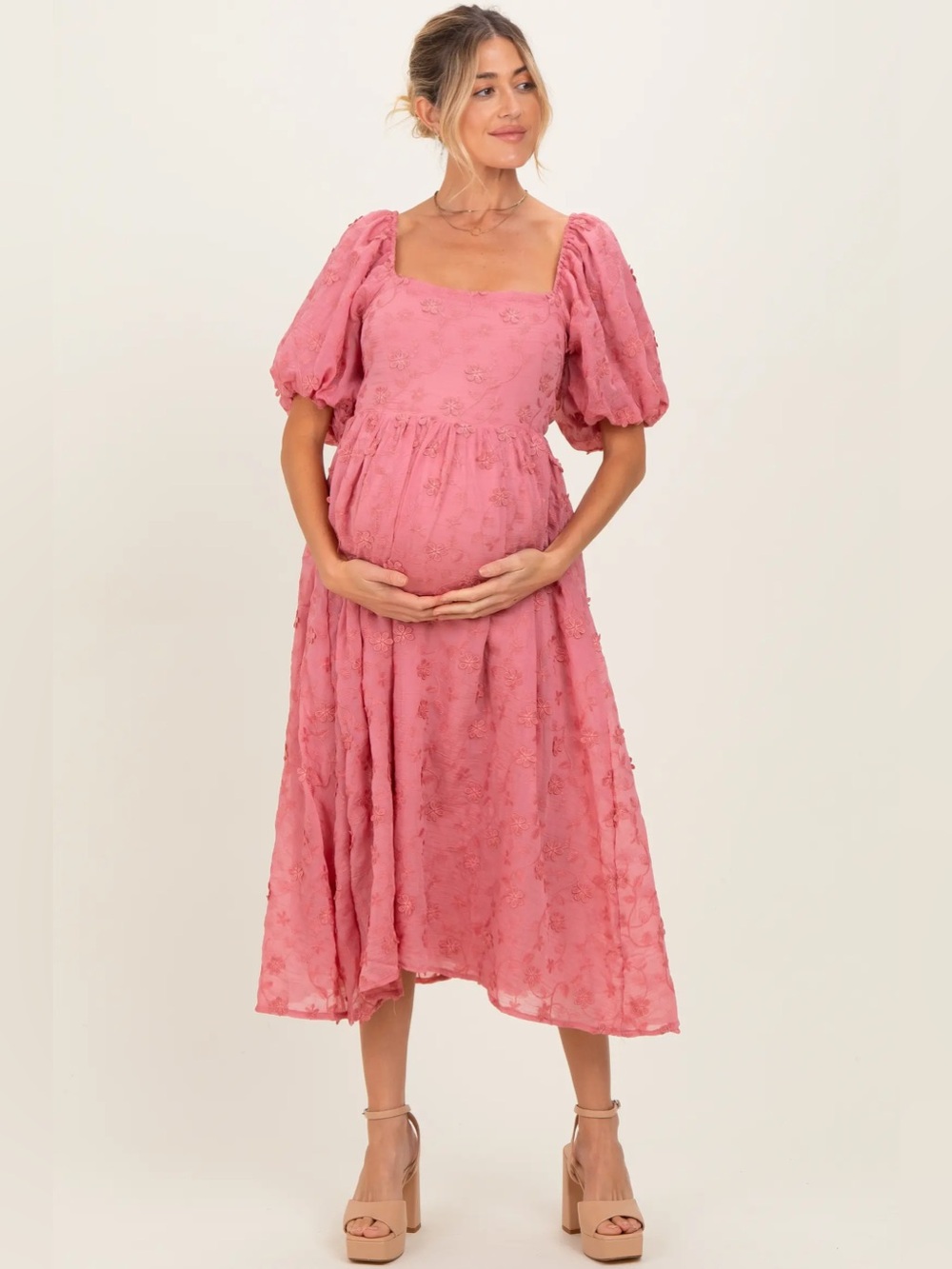 PinkBlush Mauve Embroidered Floral Puff Sleeve Maternity Midi Dress - Large